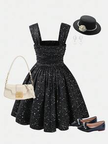 少女节日派对宴会法式少女金属光泽方领细肩带公主迷你连衣裙 - 黑色 - 查看 8