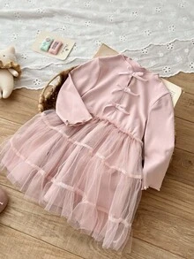 SHEIN Korean Style 2 In 1 Plaid Dress, Sweet Princess Baby Girl Outfit, Spring/Autumn Fall Winter - Dusty Pink - View 2