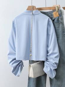 Franclia Camicia a maniche lunghe autunnale di colore blu, stile casual ed elegante, con spalle scoperte e vestibilità ampia, marchio SHEIN Luminelle - Blu - Visualizzare 2