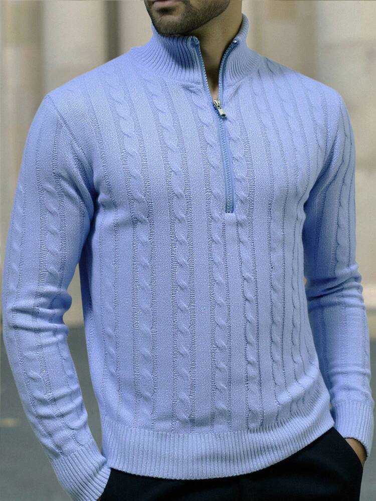 Manfinity Homme Plus Size Men's Solid Color Half Zip Cable Knit Turtleneck Sweater, Fall Winter, Long Sleeve Top - Baby Blue - View 1