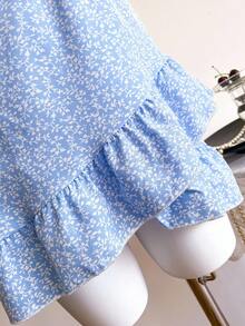 2 件套少女纯色单肩上衣和碎花荷叶边下摆裙子套装