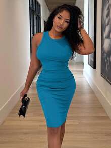 Alexandranx Màu thuần Không tay Cổ thuyền viên Váy bodycon - Màu xanh ngọc - Xem 5