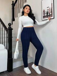 SHEIN EZwear 大码黑色高腰休闲紧身裤，秋冬保暖 - 藏蓝色 - 查看 4