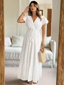 Vionelle 加大码女式法式优雅浪漫长裙，V 领，荷叶边袖，收腰设计和喇叭裙