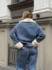 MOTF PREMIUM CONTRAST FAUX FUR BUTTON UP DENIM WINTER COAT - Blue - View 4