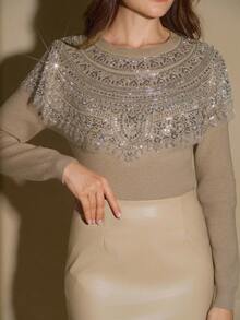 Anewsta Elegant Women's Beaded Collar Floral Embellished Sweater - Khaki - View 7