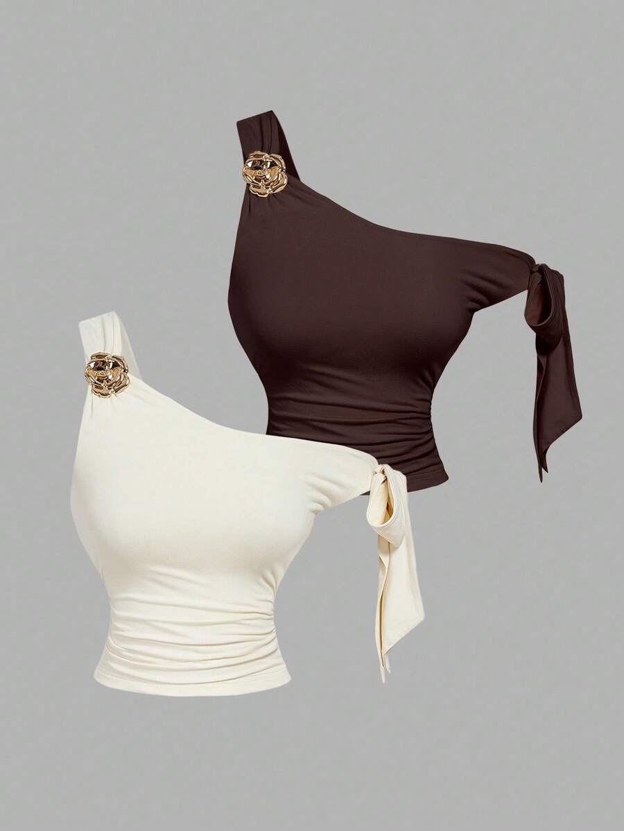 SHEIN MOD 2件不对称蝴蝶金属3D花朵装饰女式衬衫 - 彩色 - 查看 1