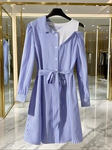 GlowEve Women's Chic Blue White Stripe Shirt Dress For Autumn,Off The Shoulder Splicing Long Sleeve Waist-Cinching A-Line Dress With Belt,Daily Work Outfits - Multicolor - View 6