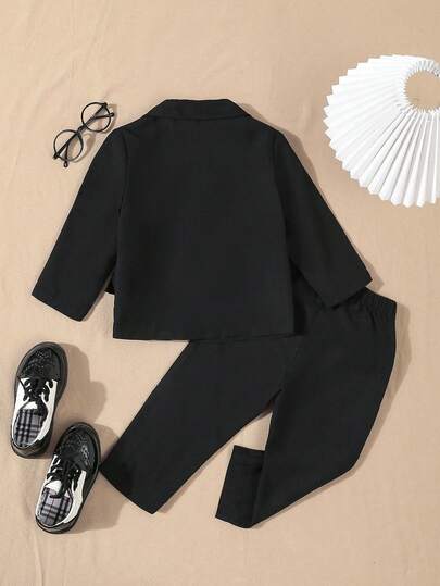SHEIN 2pcs Baby Boys Elegant Formal Gentleman Suit Set, Including Long Sleeve Blazer Jacket With Fake Pockets And Elastic Waist Pants, No Shirt, No Bowknot , Suitable For Spring/Autumn, 6 Months To 3 Years Old Boys, Formal Outfit For Wedding, Performance, Party, Birthday, Christmas, Graduation Fall Winter