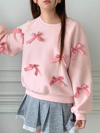 DAZY 少女蝴蝶装饰圆领抓绒插肩袖舒适卫衣，秋冬季