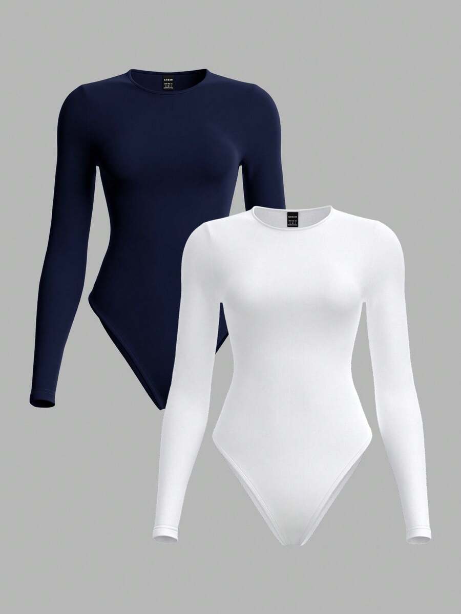 SHEIN BASICS 2件/組 女款休閒素色針織圓領長袖連身衣，黑色與白色連身衣