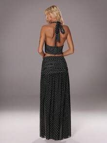 TRNVIE 1pc Women's Sexy Halter Neck Backless Camisole Top And 1pc High Waist Chiffon Maxi Skirt 2-Piece Set, Elegant For Daily, Commute, Party - Black - View 2