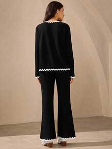 Wildy 2pcs Basic Casual Knit Loungewear Set,Women Black And White Scalloped Trim Pant Suits,Elegant Autumn Brunch Outfit,Comfortable Airport Two Piece Set - Black - View 2