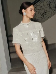 Anewsta Bộ trang phục thanh lịch dành cho nữ, thích hợp cho Halloween, tiệc Giáng sinh, đám cưới, dạ tiệc - Bao gồm áo tay ngắn đính tua rua đính sequin trắng và đá giả kim cương kết hợp với chân váy dài đến giữa bằng vải tuýt - trắng - Xem 7