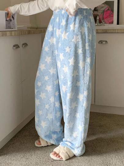 Dazy Plus Pantalones de pijama holgados de pierna recta con estampado de estrellas de felpa gruesa, talla grande para mujer, suaves y acogedores para otoño/invierno