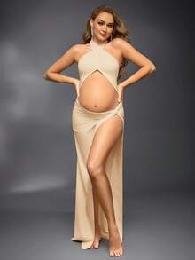 Cheriluna Maternity 孕妇纯色镂空侧开衩性感露背摄影连衣裙