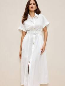 BizChic 2025秋冬优雅浪漫都市职业通勤商务休闲办公室连衣裙，适合婚礼宾客、派对、音乐会、日常时尚，翻领白领衬衫裙，正面纽扣，腰带，适合万圣节、圣诞节，女士优雅派对连衣裙 - 白色 - 查看 7