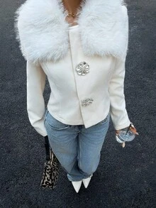 Siren Gaze Autumn Women's Coat, Warm Fur Collar Jacket, Rhinestone Button Small Exquisite And Elegant Commuter Coat For Women, Autumn Outfits For Women,Winter Clothes For Women Casual