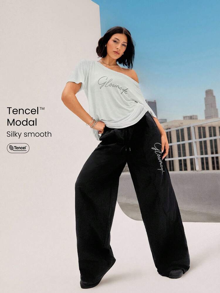 TENCEL™ Modal Shimmy And Shake Lightweight Silky Smooth Loose Reflective Logo Off-Shoulder Short Sleeve Tee Dancing Daily Casual Wear