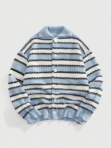 ROMWE MEN Street Life Men's Blue & White Striped Knit Cardigan Sweater, Fall Winter - Blue and White - View 1