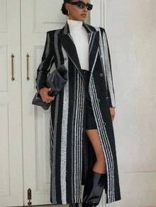Aveloria Modichic Abrigo holgado de estilo británico con rayas negras y blancas, elegante para el otoño/invierno - Blanco y Negro - Ver 3