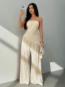 SHEIN PETITE 女士两件套花卉刺绣网眼不对称下摆短款上衣和裤子，时尚全白派对装 - 米色 - 查看 6