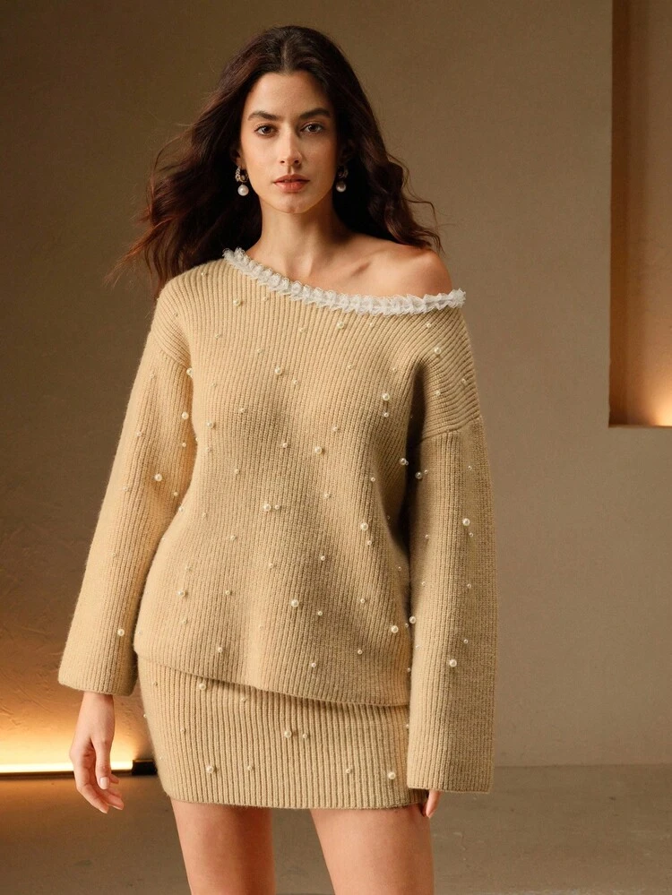 Women's Autumn/Winter Beaded Lace Trim Knit Sweater And Mini Skirt Two Pieces Set, Cozy High-End Knitted Pullover And Skirt Outfit For Winter