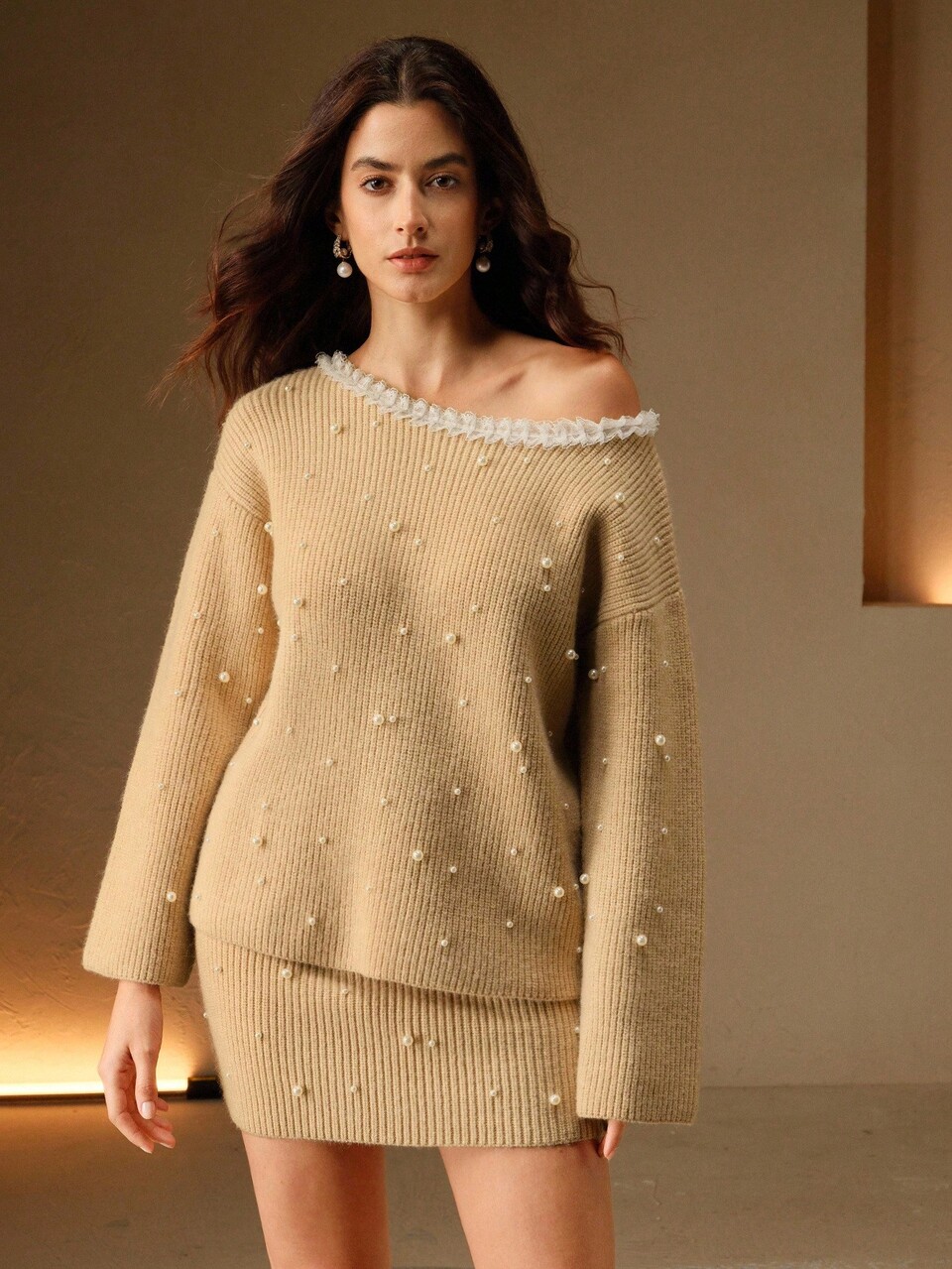 Women's Autumn/Winter Beaded Lace Trim Knit Sweater And Mini Skirt Two Pieces Set, Cozy High-End Knitted Pullover And Skirt Outfit For Winter