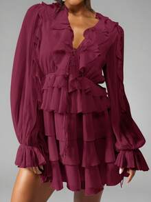 MISSGUIDED Chiffon Ruffle Mini Dress Balloon Long Sleeve V Neck Tiered Flowy Party Fall Winter Holiday Spring Wedding Guest Statement Dress - Burgundy - View 5