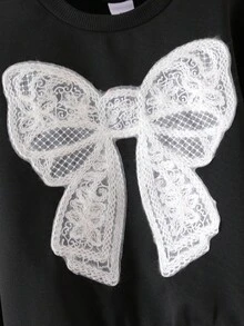 2pcs/Set Young Girls Bowknot Sweatshirt & Cake Skirt Outfit, Spring/Autumn 2024 New Collection Fall Winter - Black - View 7