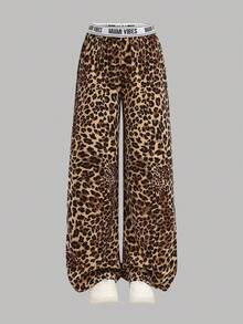 Girlism 2 件套青少年女孩高腰豹纹印花和纯黑色阔腿裤套装，基本休闲