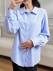 Áo sơ mi dài tay kẻ sọc thường ngày cho bé gái tuổi teen - Màu xanh lam - Xem 10