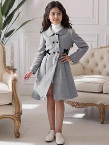 SHEIN Abrigo largo cruzado de doble botonadura con decoración de lazo para niña preadolescente, ideal para vacaciones, verano y viajes