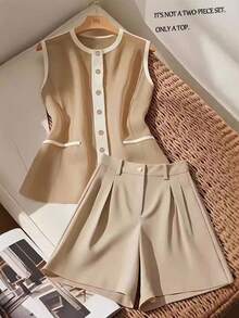 GlowEve Women's Sleeveless Solid Color Shirt, Fashionable For Summer - Khaki - View 1