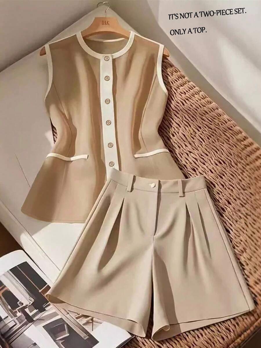 GlowEve Women's Sleeveless Solid Color Shirt, Fashionable For Summer - Khaki - View 1