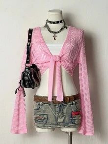 EgrlEra 女士空心針織前扣長袖短款開襟針織夾克 - 粉色 - 查看 1