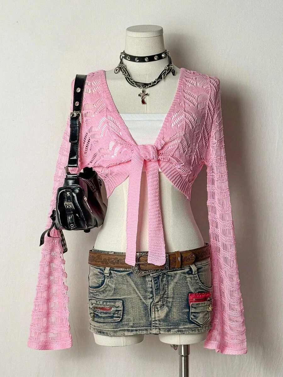 EgrlEra 女士空心針織前扣長袖短款開襟針織夾克 - 粉色 - 查看 1