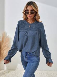 EMERY ROSE Elegant Solid Color Ruffle Puff Sleeve Blouse, Spring/Autumn Fall Cloth For Women - Blue - View 5