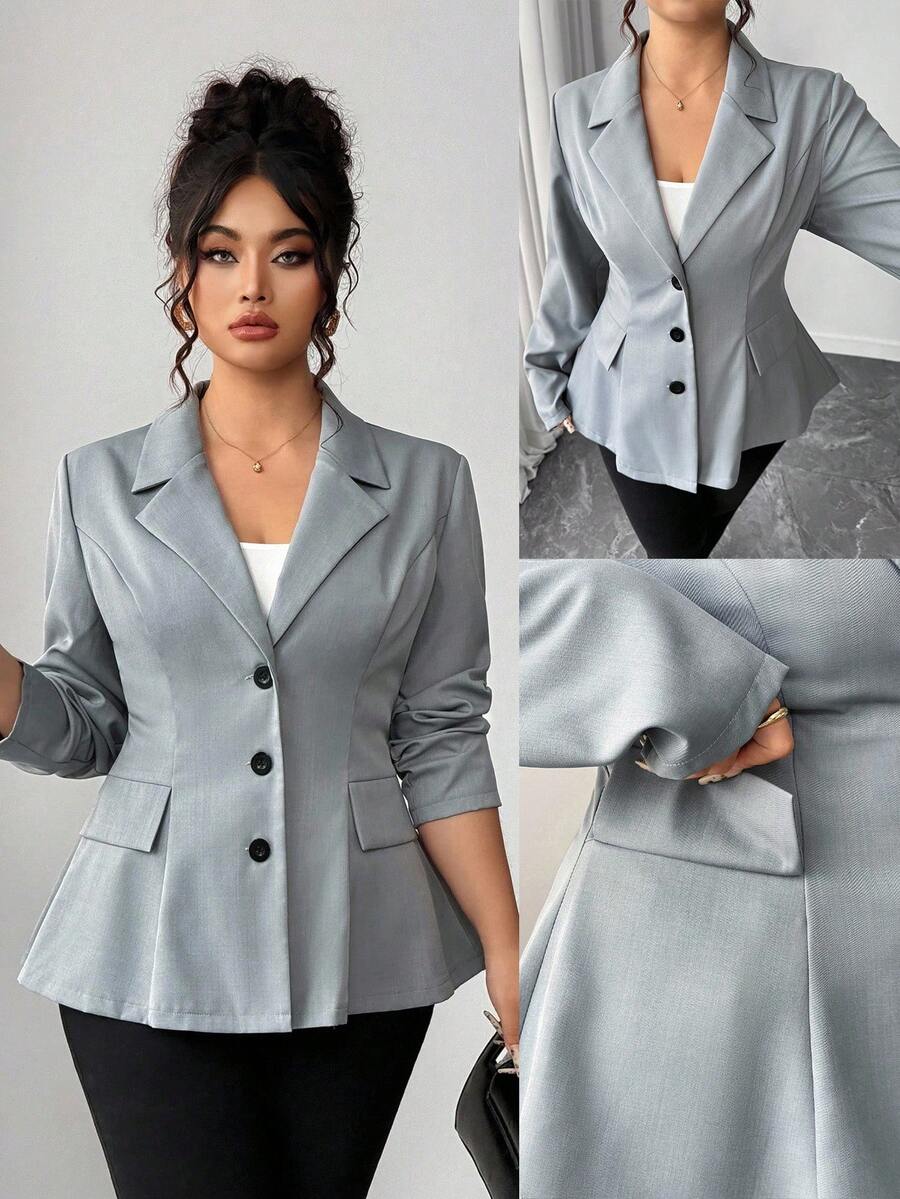 Elenzga 大码女装优雅通勤热销面料灰色提花设计公主线缝腰部开叉A字形仿口袋长袖简约百搭多场合舒适面料独特风格高性价比 - 灰色 - 查看 1