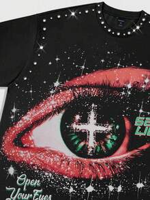 ROMWE MEN Street Life Eye Print Rhinestone Embellished Crew Neck Short Sleeve T-Shirt, Unisex Summer Tops