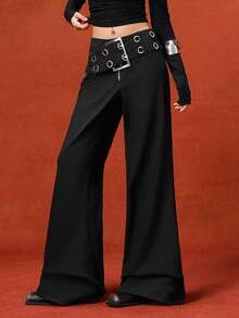 Muchica Plus Size Women Casual Flare Pants With Eyelet & Buckle Design Gothic Pants High Waisted Pants Black Wide Leg Pants Women Wide Leg Trousers For Women Gothic Wide Leg Pants High Waisted Pants For Women Wide Leg Pants For Women Belted Pants - Black - View 3