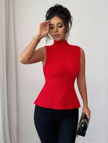 Elenzga 1pc Women's New Arrival Sleeveless Turtleneck Fitted Hem Ruffle Knit Casual Tank Top - Red - View 7