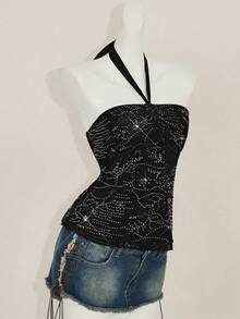 SHEIN ICON Y2k 露背勃艮第外出复古波西米亚嬉皮音乐会串珠时尚度假闪光派对闪亮亮片无袖短款上衣，露背修身夏季背心 - 黑色 - 查看 4