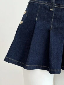 Elamini 女式无袖 V 领时尚修身上衣和褶皱牛仔迷你裙两件套 - 藍色 - 查看 7