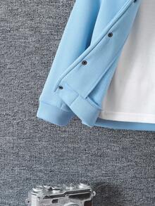 Young Boy Casual Letter Patch Button-Up Jacket And Pants Set, Autumn Fall Winter - Blue - View 4