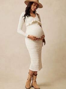 Boho Mama Váy dệt kim ôm dáng cổ chữ V màu trơn cho bà bầu - Màu be - Xem 8