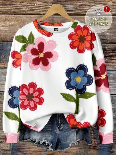 EMERY ROSE Floral Pattern Casual Loose Fit Crew Neck Plus Size Sweatshirt For Women, Suitable For Back To School, Teacher's Day, Halloween, Christmas, Fall/Winter