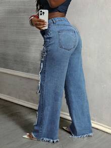 BamGleam 女士时尚街头拼布磨边口袋做旧宽松阔腿牛仔裤 - 中等水洗藍 - 查看 2