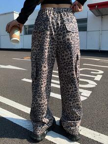 DAZY Women's Leopard Print Elastic Waist Drawstring Casual Loose Cargo Pants - Brown - View 2