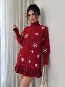 Selianne Vestido de suéter de cuello alto con ajuste holgado y dobladillo con volantes, con estampado de copos de nieve rojos, para otoño/invierno - Burdeos - Ver 3